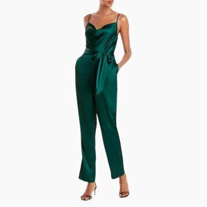 AQUA Emerald Green Satin Jumpsuit Women S Belted Cami Wide Leg Party Chic